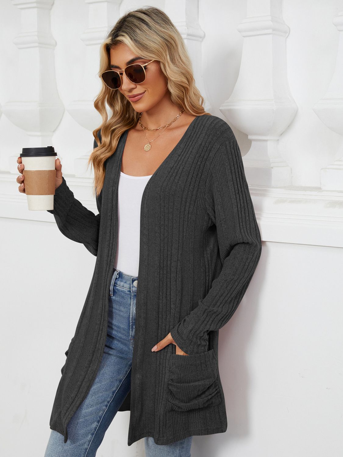 Pocketed Open Front Long Sleeve Cardigan - Charming Charlie