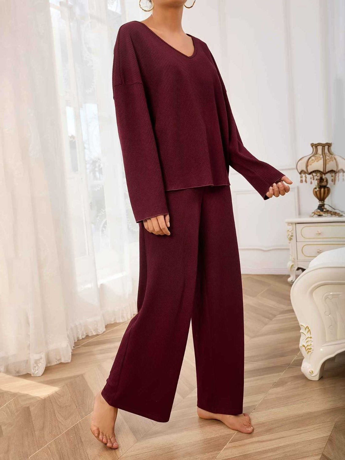 V-Neck Long Sleeve Top and Wide Leg Pants Set - Charming Charlie