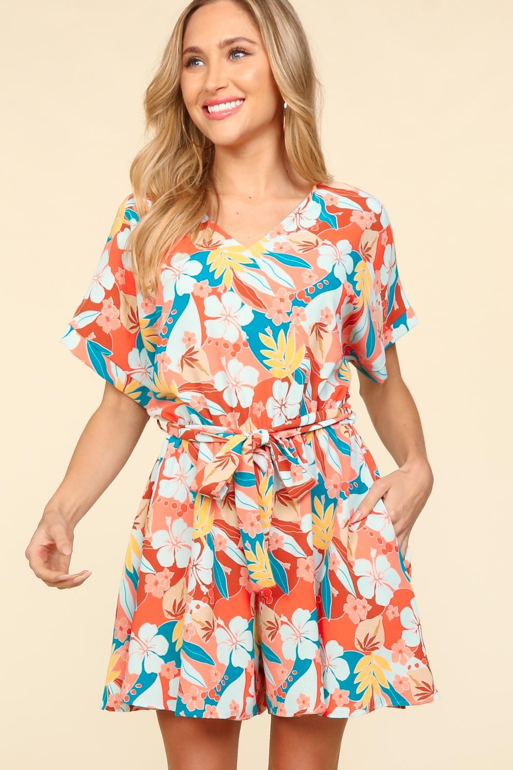 Haptics Tropical Floral Short Sleeve Tied Romper - Charming Charlie