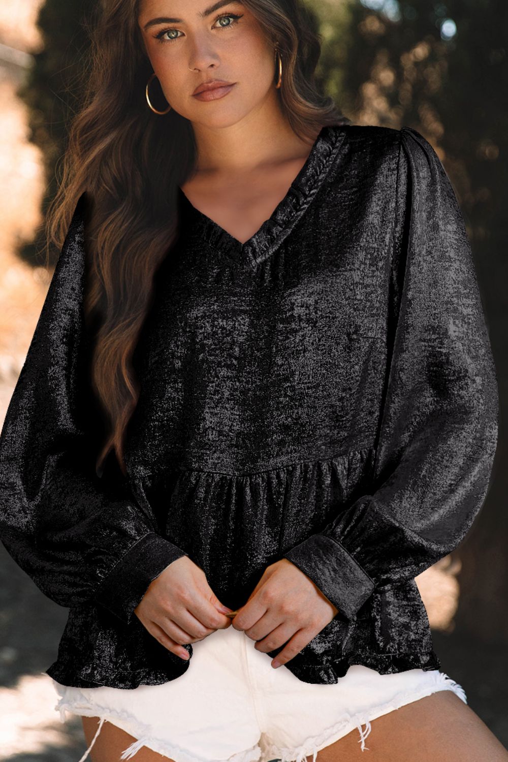 Frill Peplum V-Neck Long Sleeve Blouse - Charming Charlie