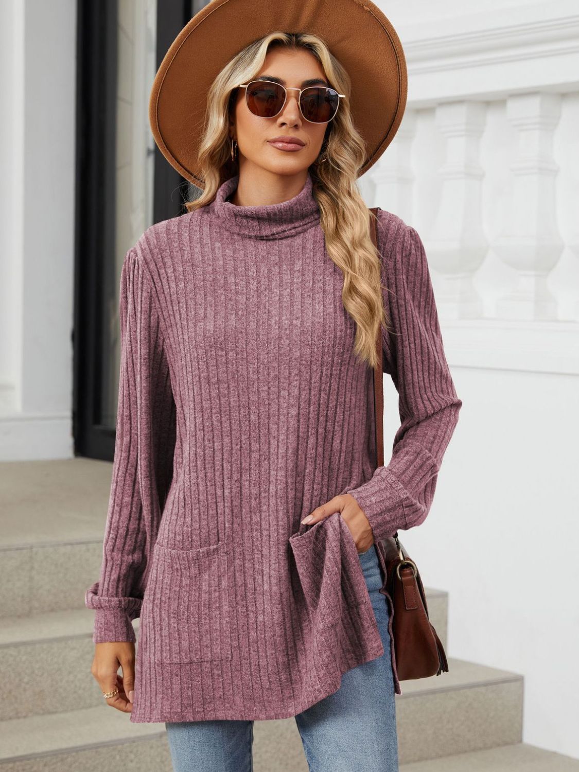 Slit Mock Neck Long Sleeve T-Shirt - Charming Charlie