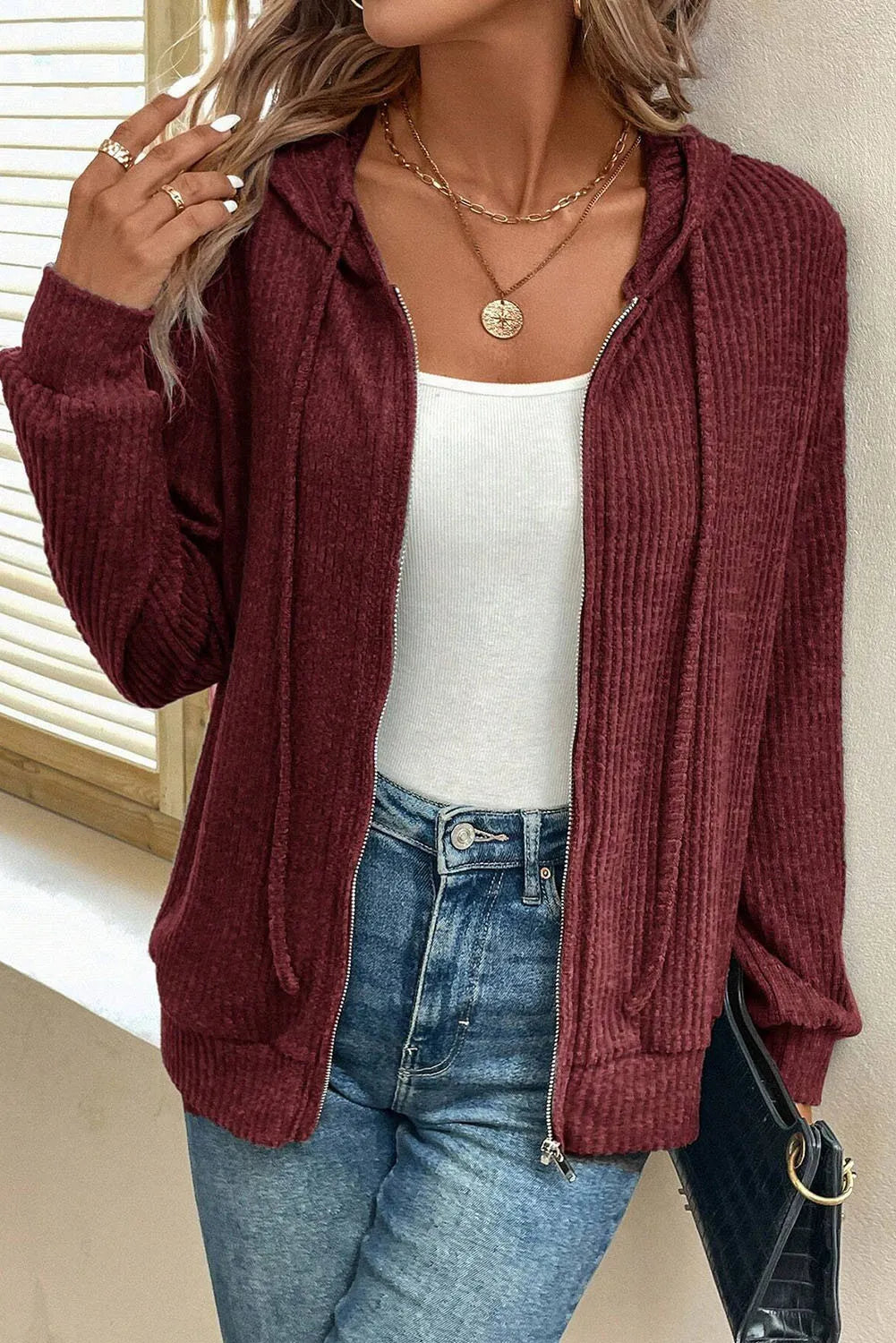 Drawstring Zip Up Long Sleeve Hooded Jacket - Charming Charlie