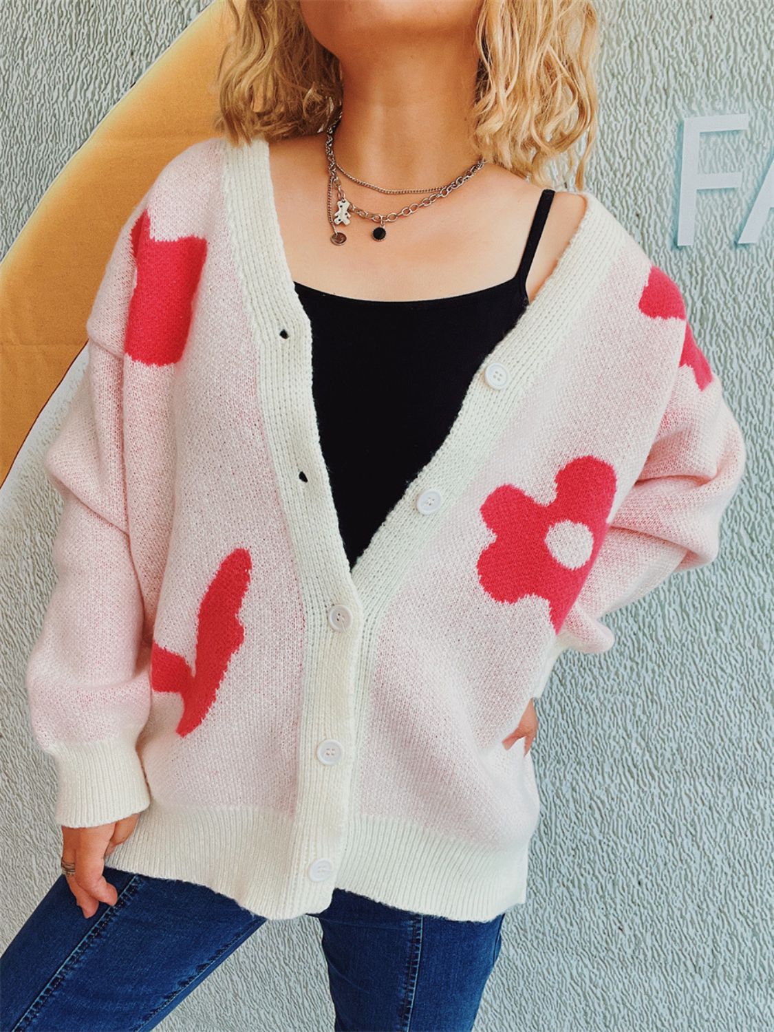 Flower Button Down V-Neck Long Sleeve Cardigan - Charming Charlie