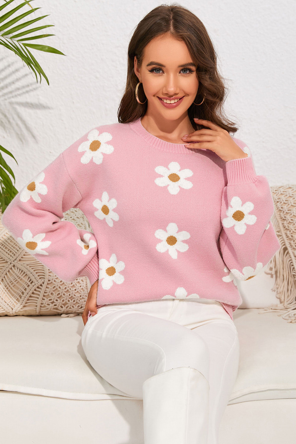 Flower Round Neck Dropped Shoulder Sweater - Charming Charlie