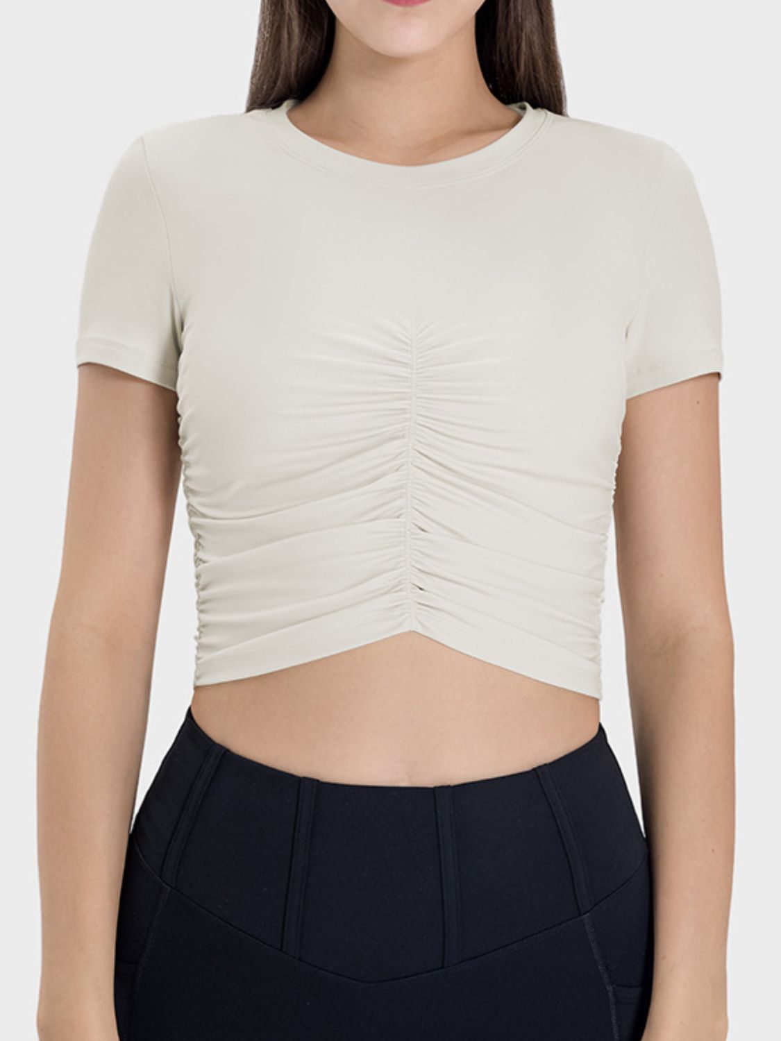 Ruched Round Neck Short Sleeve Active T-Shirt - Charming Charlie
