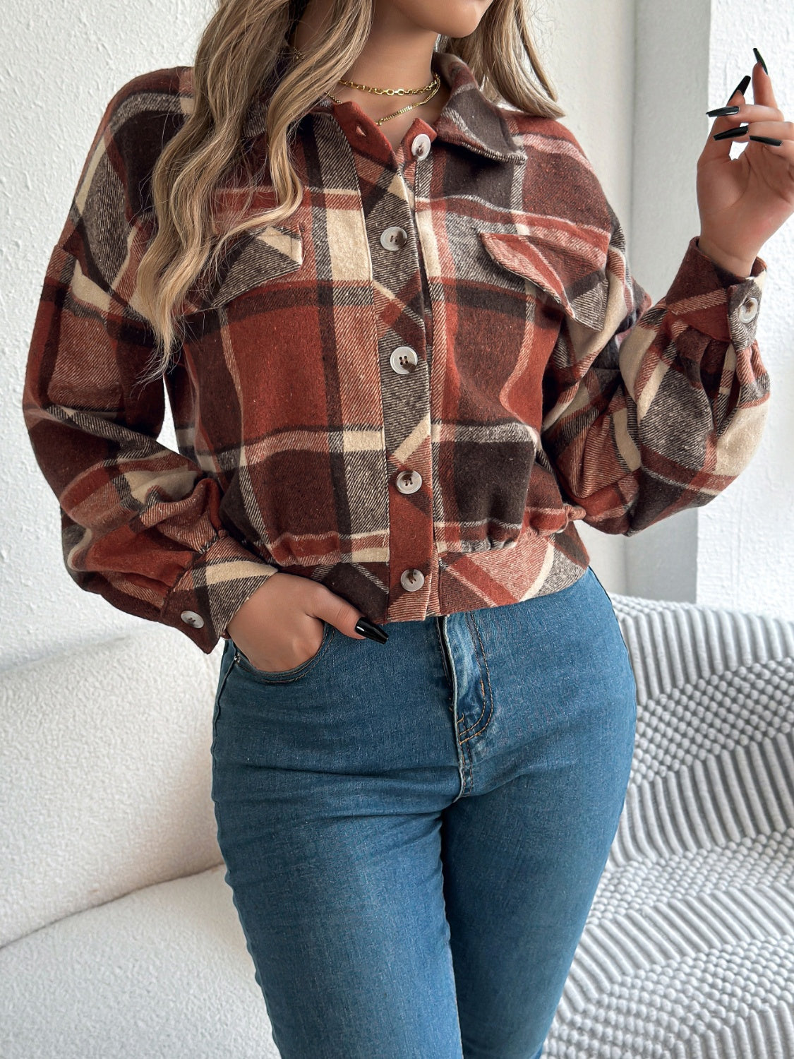 Plaid Button Up Long Sleeve Jacket - Charming Charlie