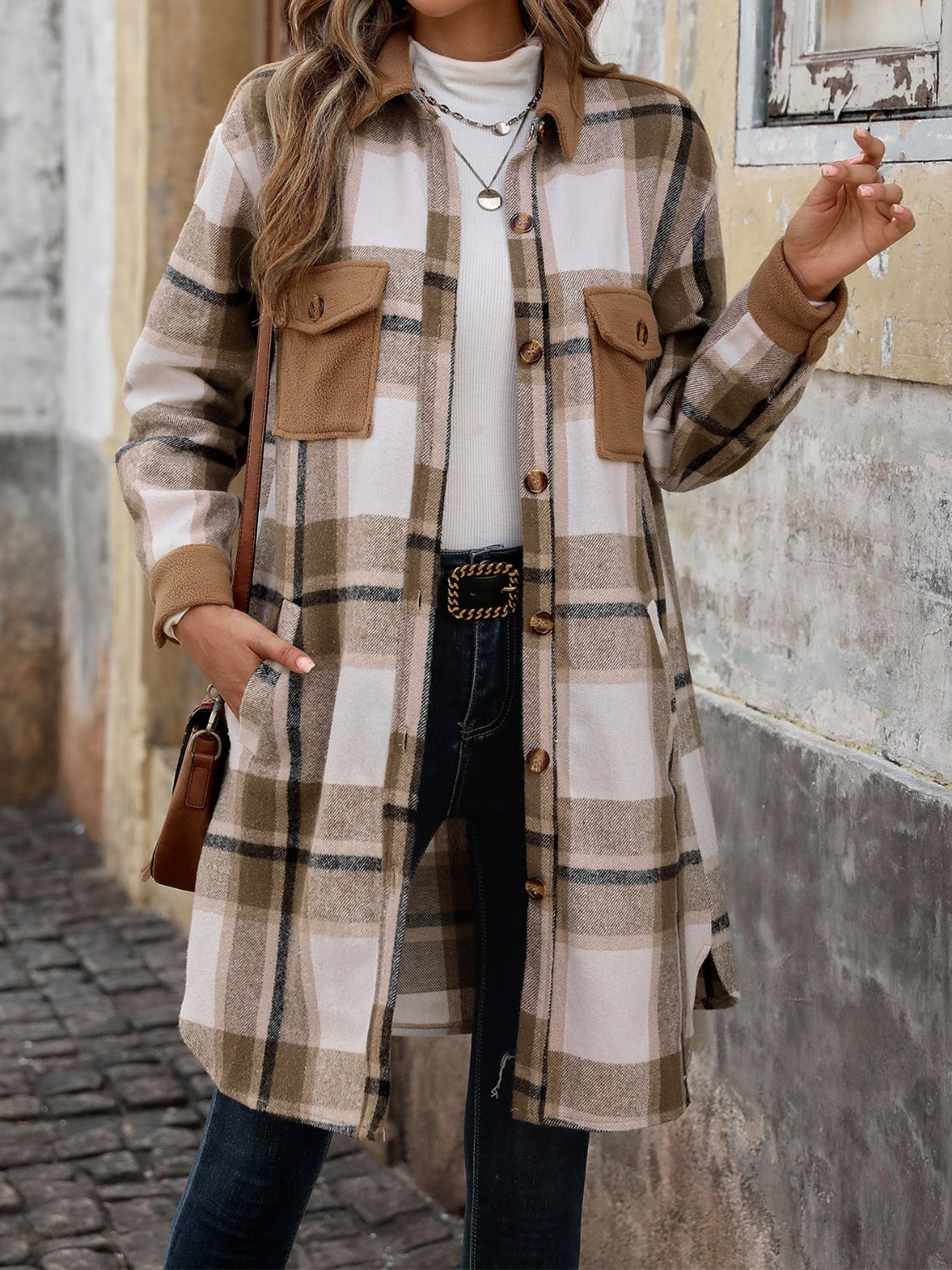 Plaid Button Up Long Sleeve Coat - Charming Charlie
