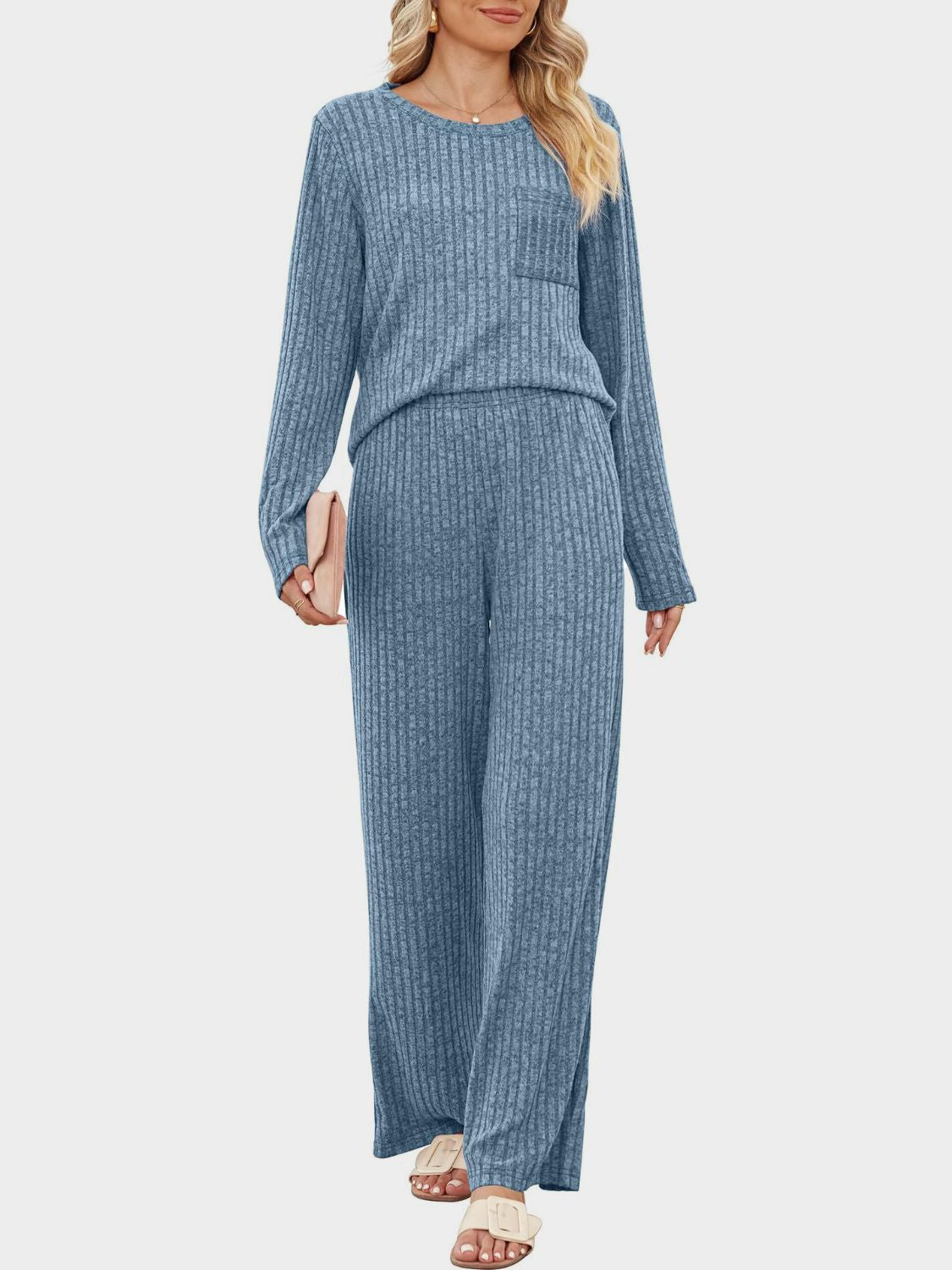 Round Neck Long Sleeve Top and Pants Set - Charming Charlie