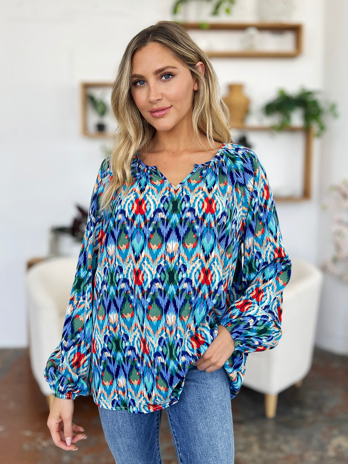 Double Take Full Size Printed Balloon Sleeve Blouse - Charming Charlie