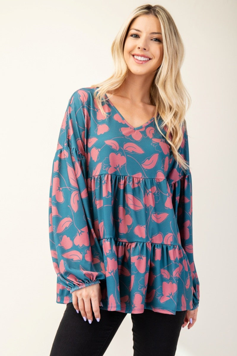 Celeste Full Size Tiered Floral V-Neck Long Sleeve Blouse - Charming Charlie