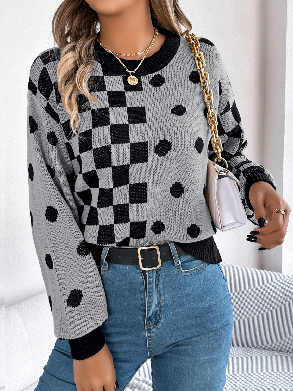 Plaid Round Neck Long Sleeve Sweater - Charming Charlie