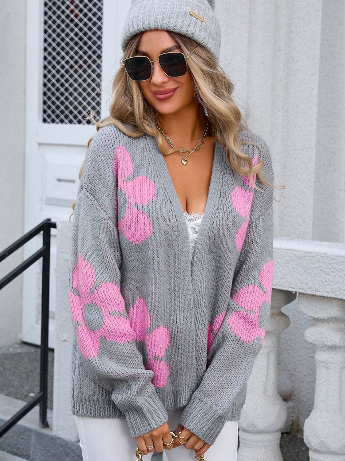Flower Open Front Long Sleeve Cardigan - Charming Charlie