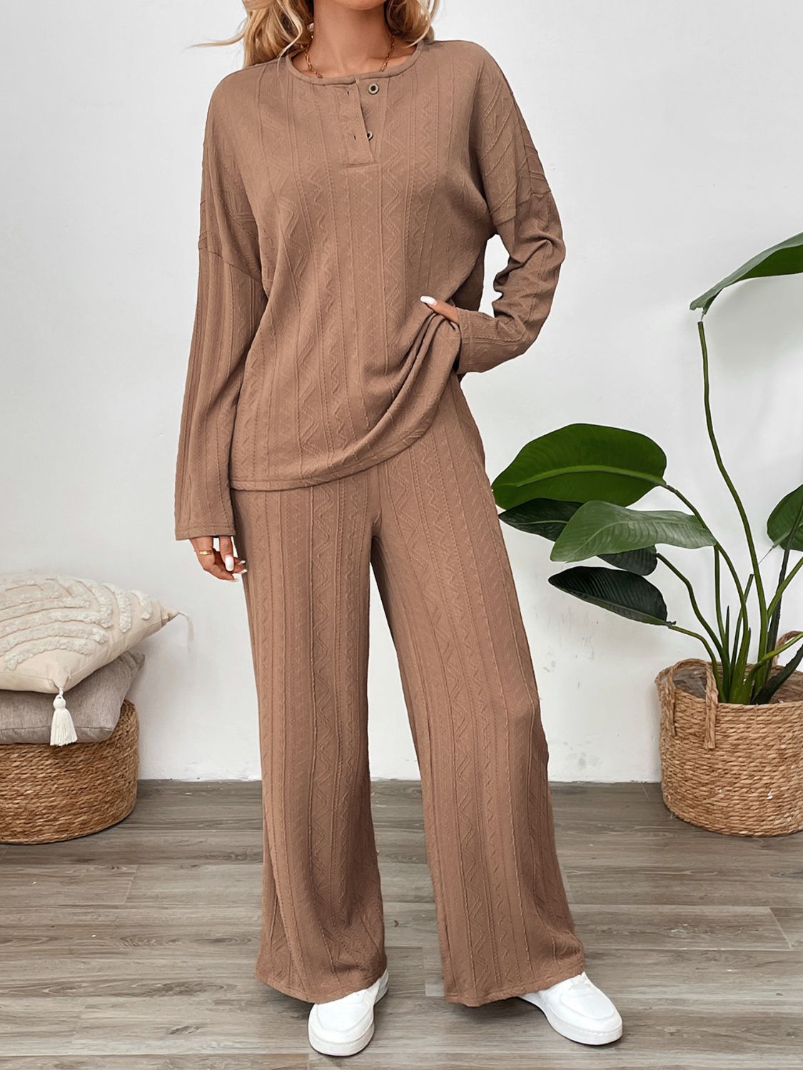 Perfee Quarter Button Long Sleeve Top and Pants Set - Charming Charlie