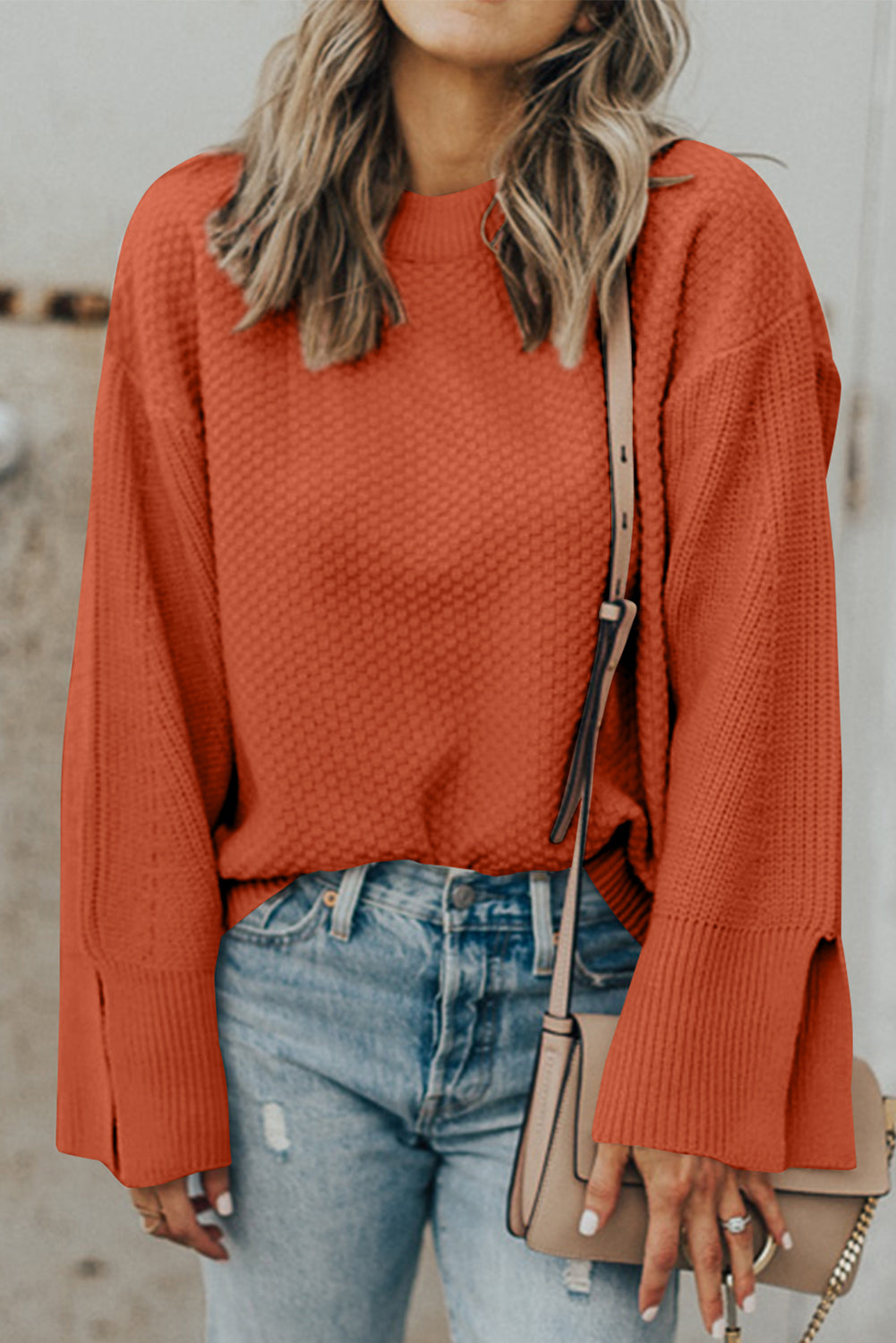 Textured Round Neck Long Sleeve Sweater - Charming Charlie