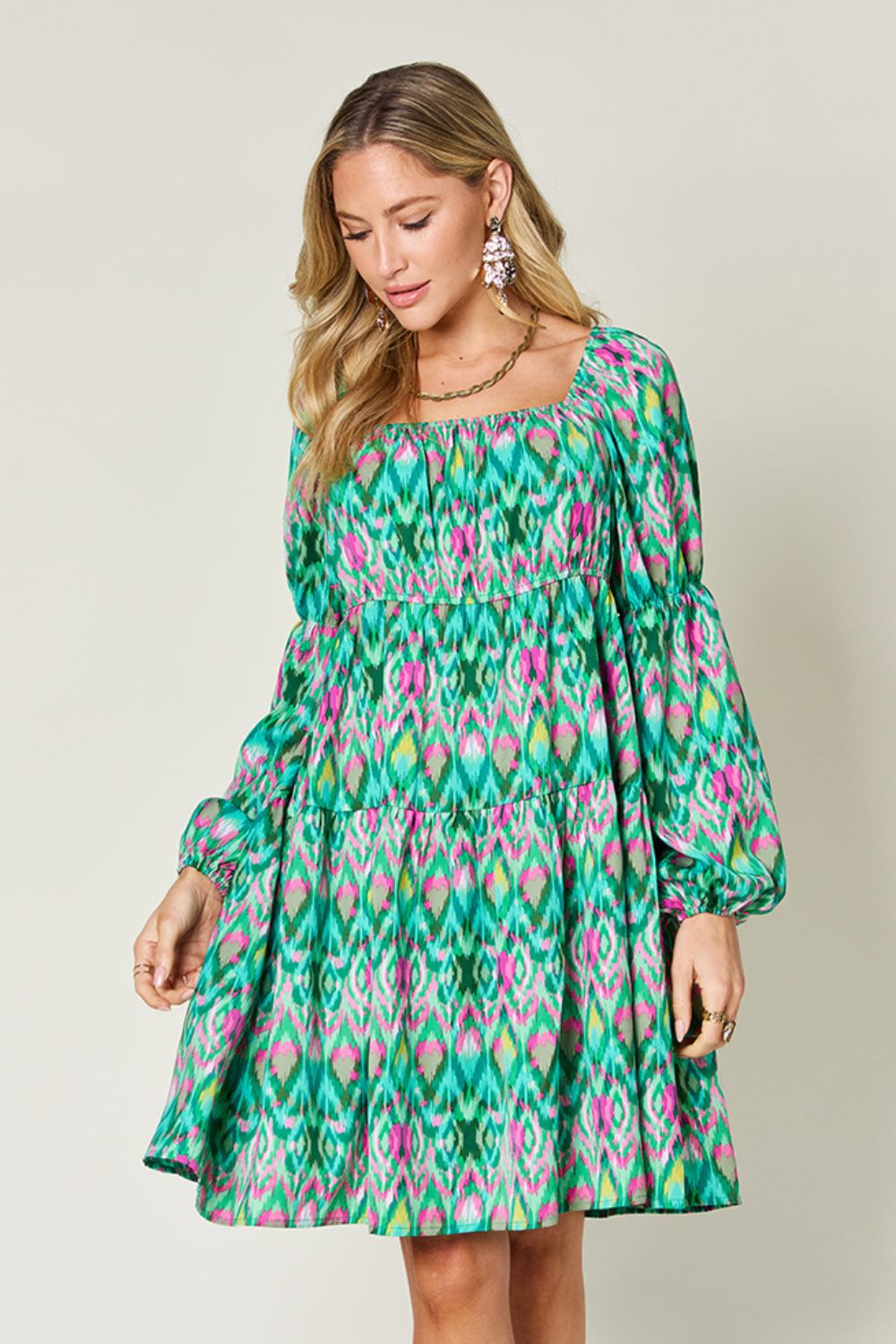 Double Take Full Size Printed Long Sleeve Dress - Charming Charlie