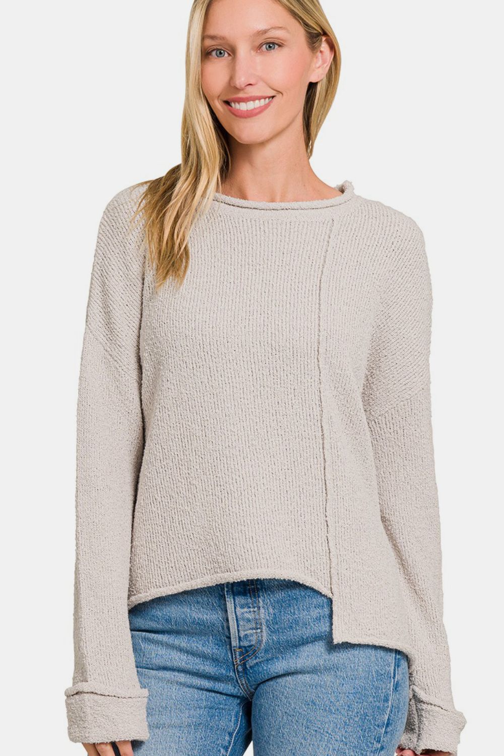 Zenana Asymmetric Hem Drop Shoulder Sweater - Charming Charlie