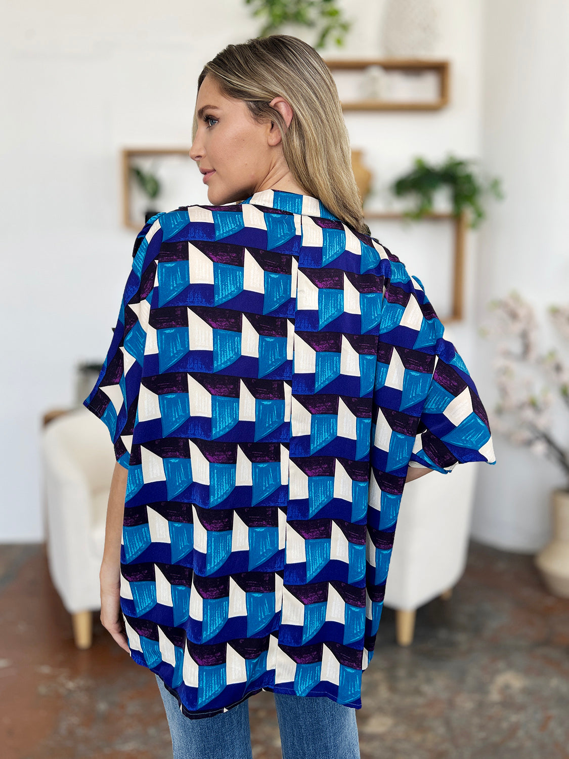 Double Take Full Size Geometric Notched Half Sleeve Blouse - Charming Charlie