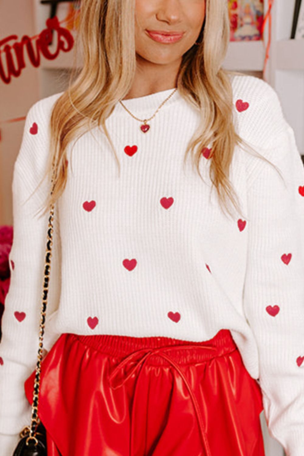 Heart Round Neck Long Sleeve Sweater - Charming Charlie