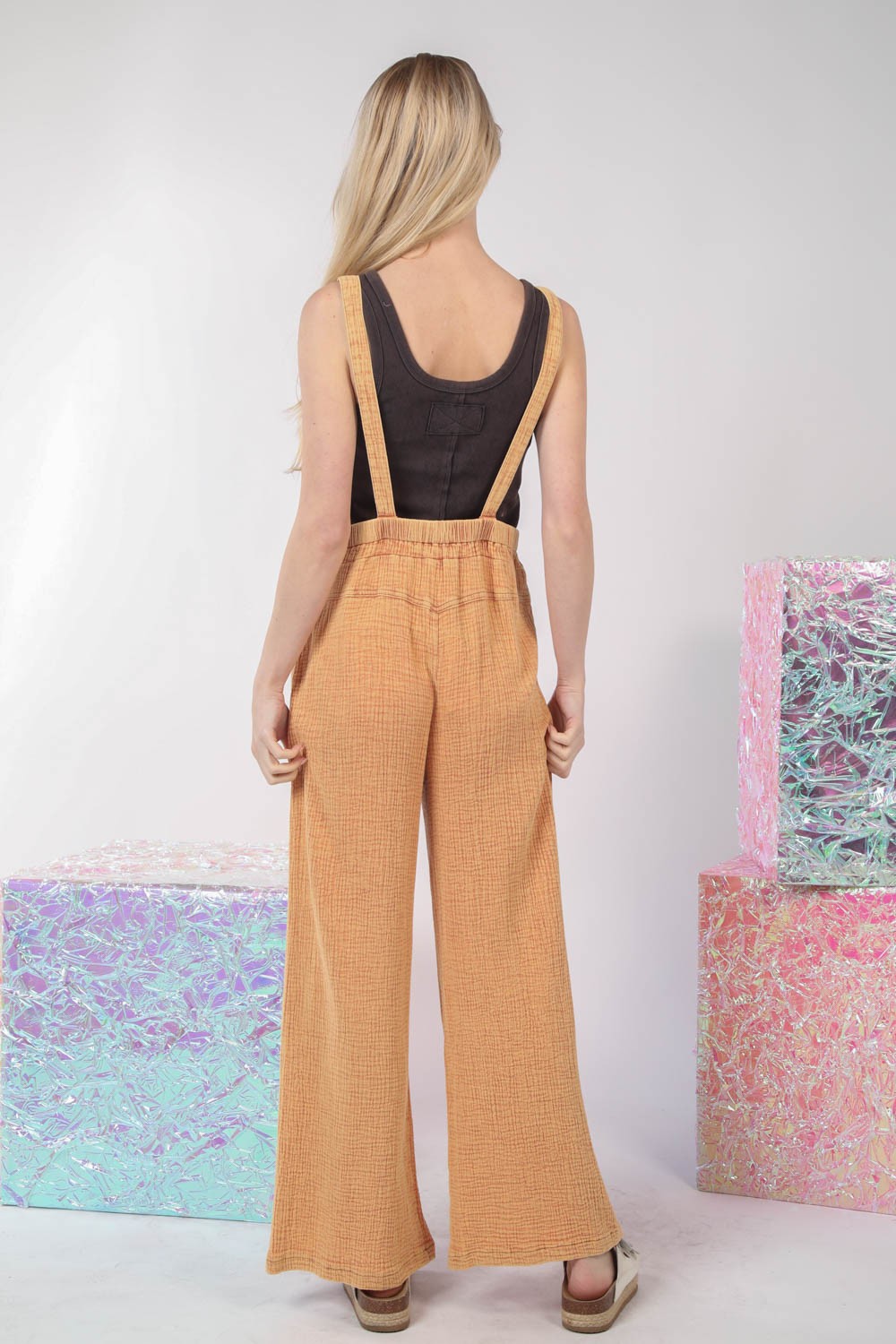 VERY J Texture Washed Wide Leg Overalls - Charming Charlie