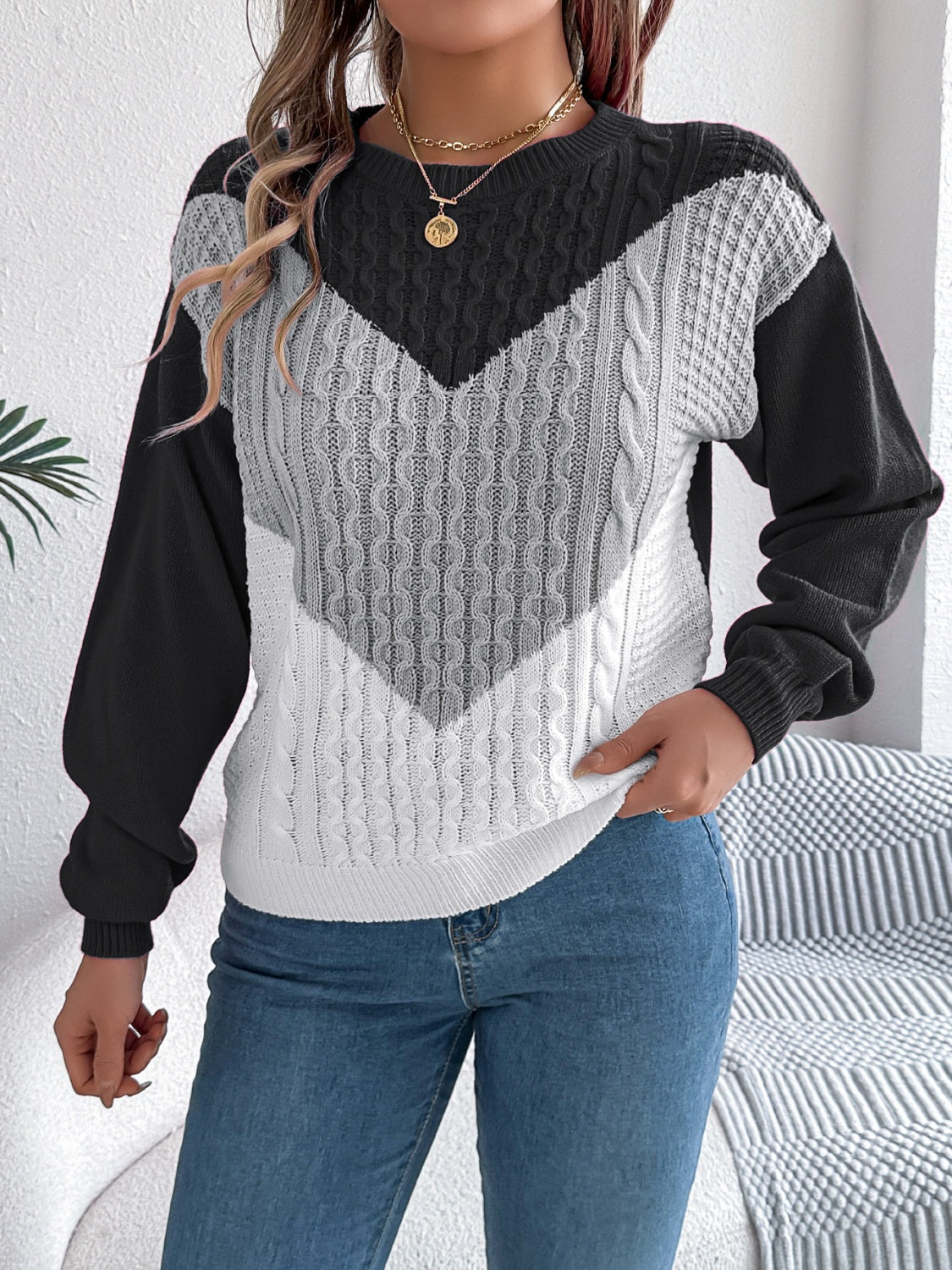 Contrast Round Neck Long Sleeve Sweater - Charming Charlie