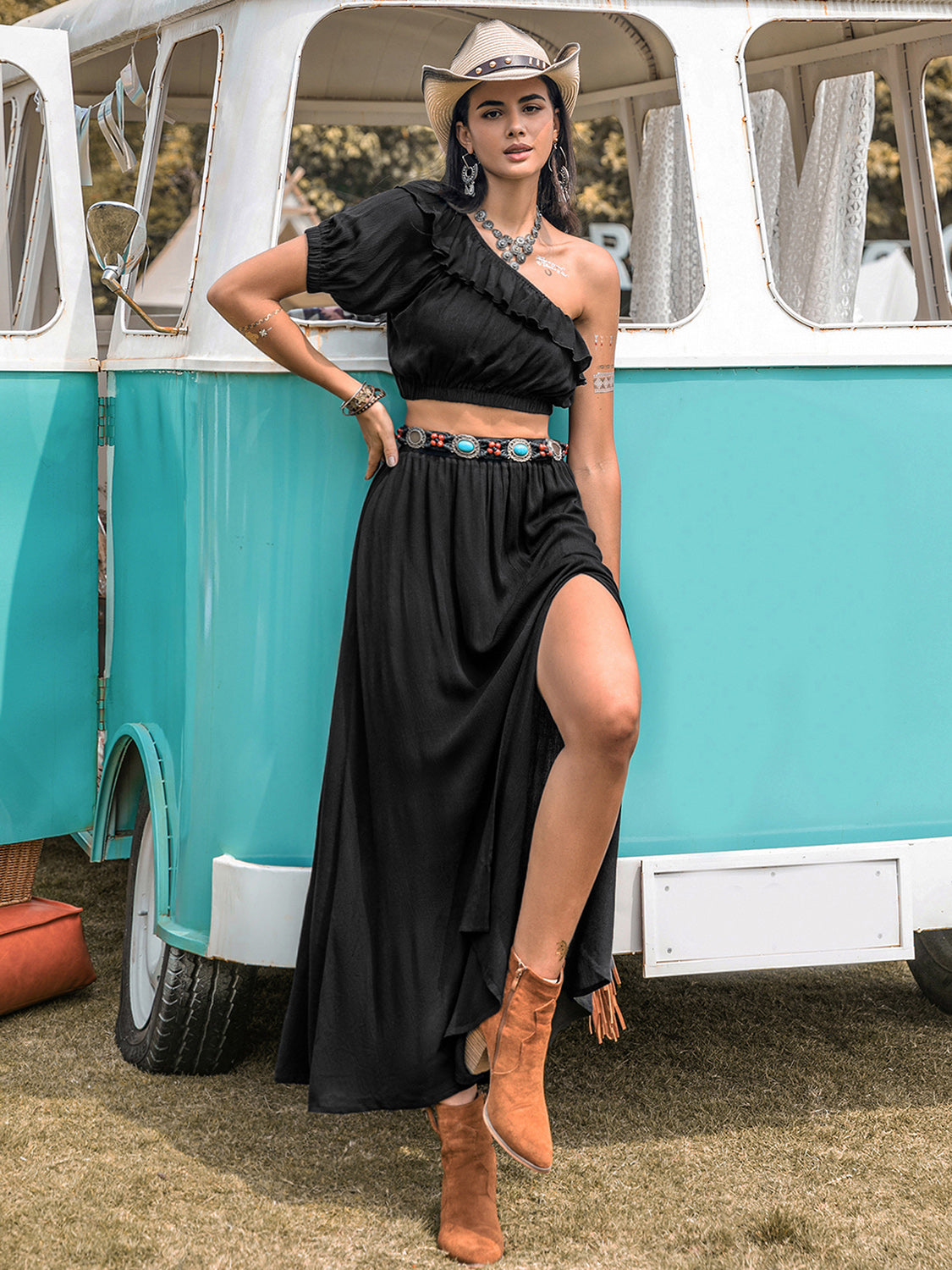 Ruffled Single Shoulder Top and Slit Skirt Set - Charming Charlie