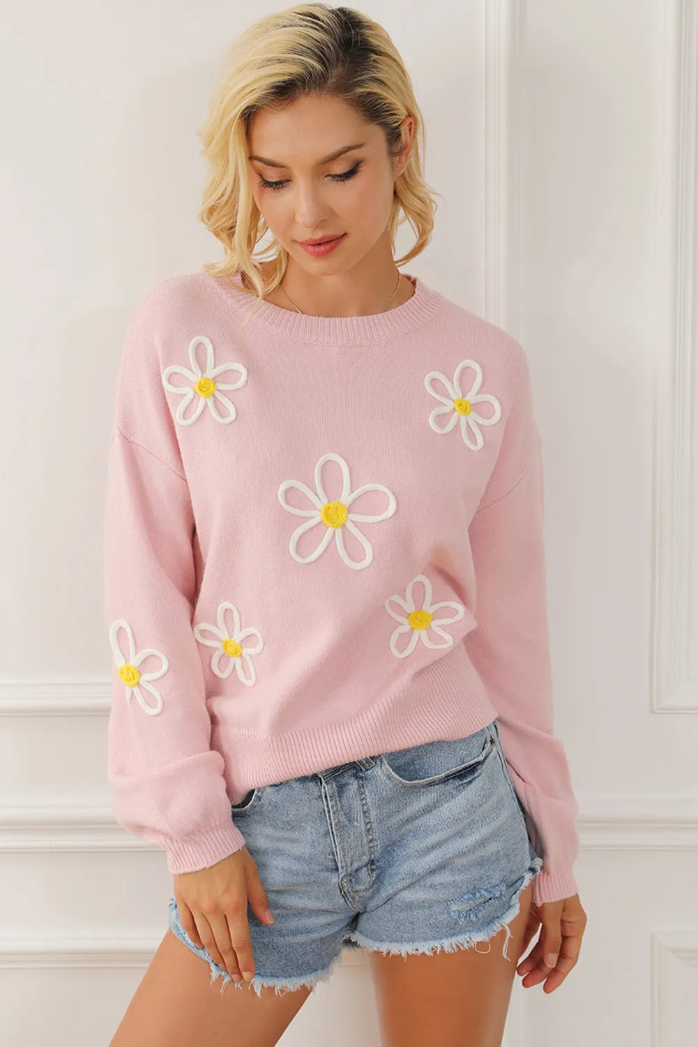 Flower Round Neck Dropped Shoulder Sweater - Charming Charlie