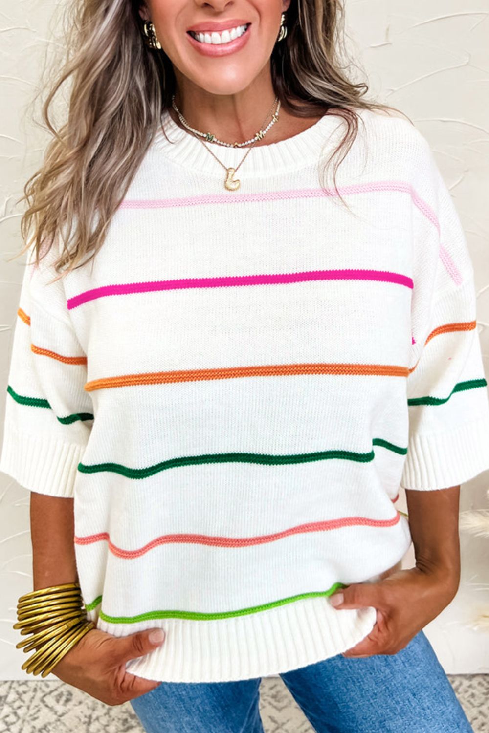 Striped Half Sleeve Drop Shoulder Sweater - Charming Charlie