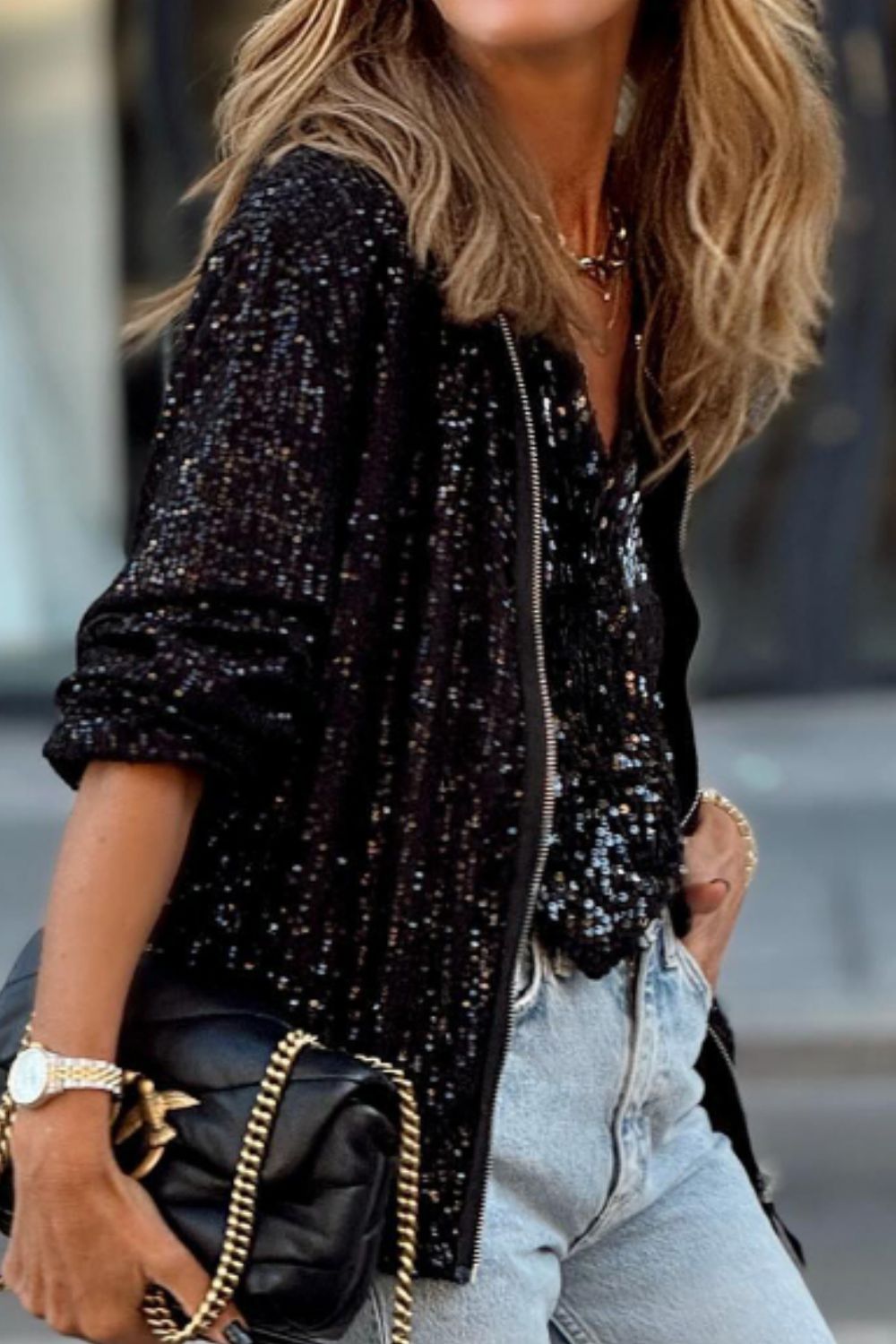 Sequin Zip Up Long Sleeve Jacket - Charming Charlie