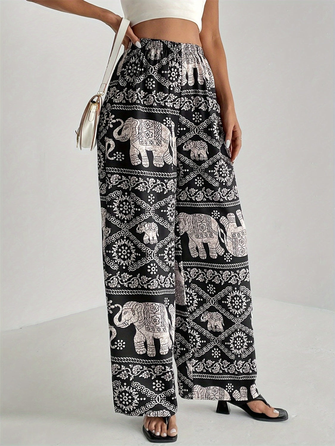Printed Wide Leg Elastic Waist Pants - Charming Charlie