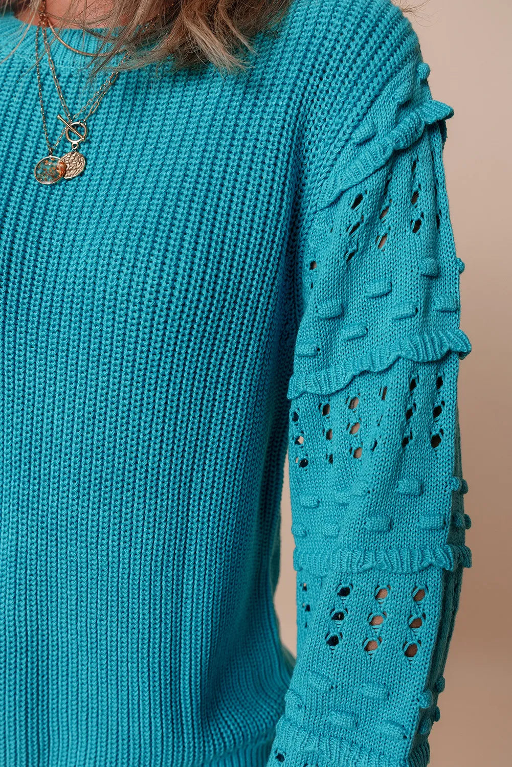Openwork Frill Round Neck Long Sleeve Sweater - Charming Charlie