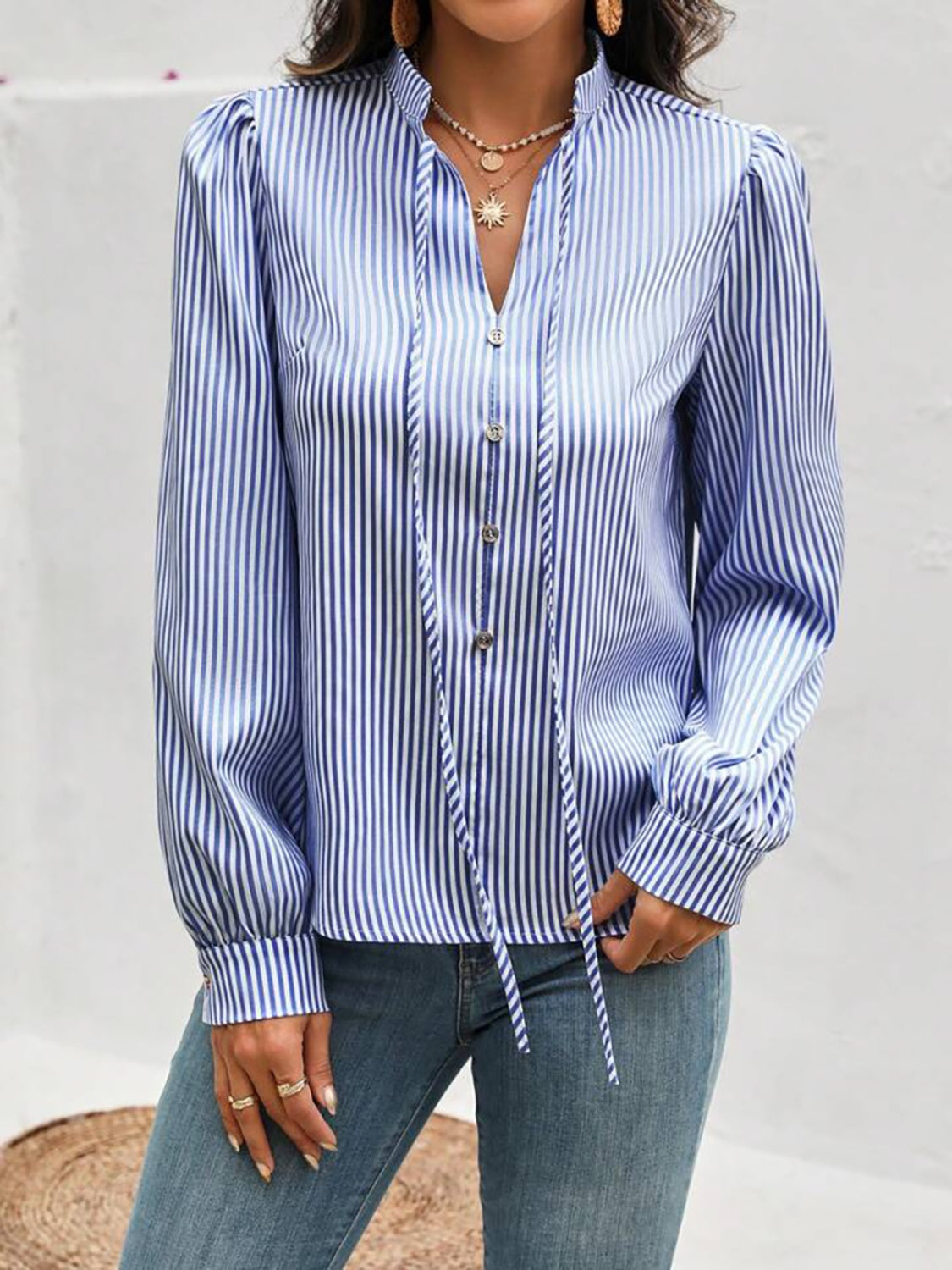 Striped Tie Neck Long Sleeve Blouse - Charming Charlie