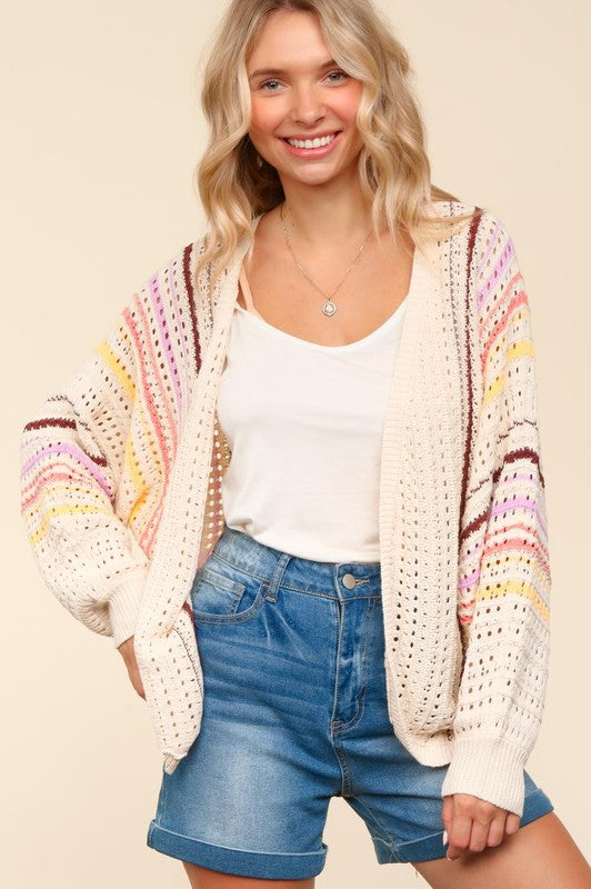 Haptics Full Size Striped Crochet Open Front Cardigan - Charming Charlie
