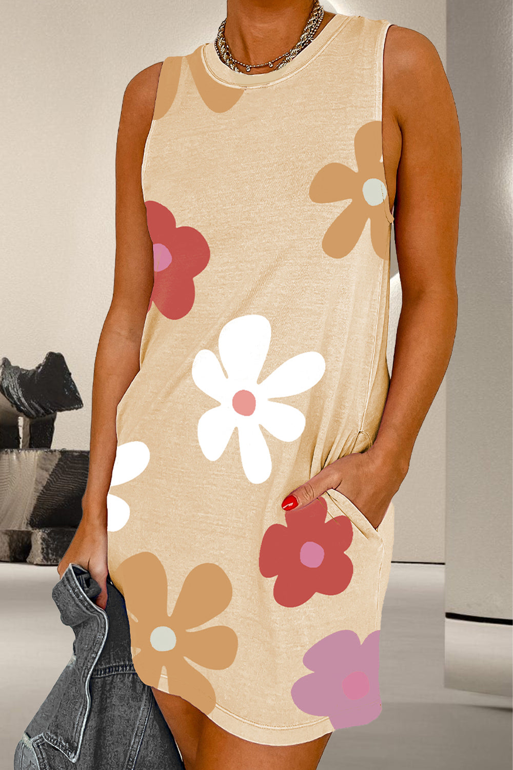 Pocketed Printed Round Neck Tank Dress - Charming Charlie