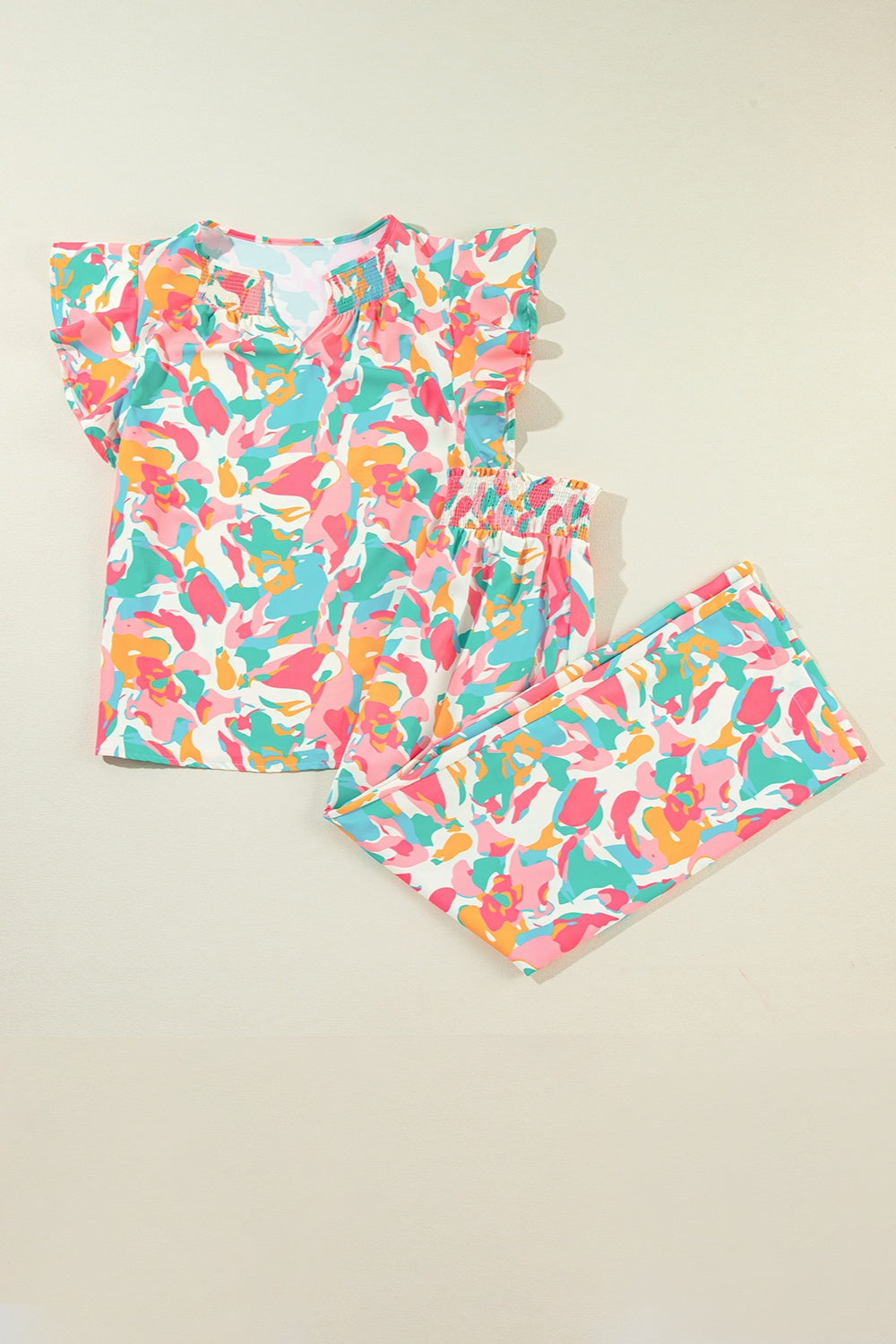 Printed Notched Cap Sleeve Top and Pants Set - Charming Charlie