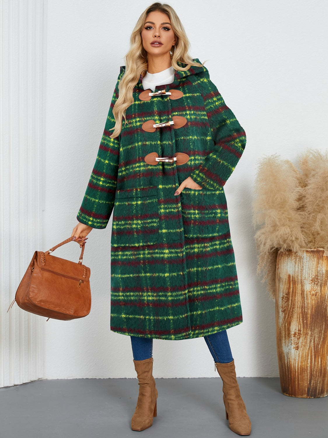 Plaid Long Sleeve Hooded Coat with Pockets - Charming Charlie