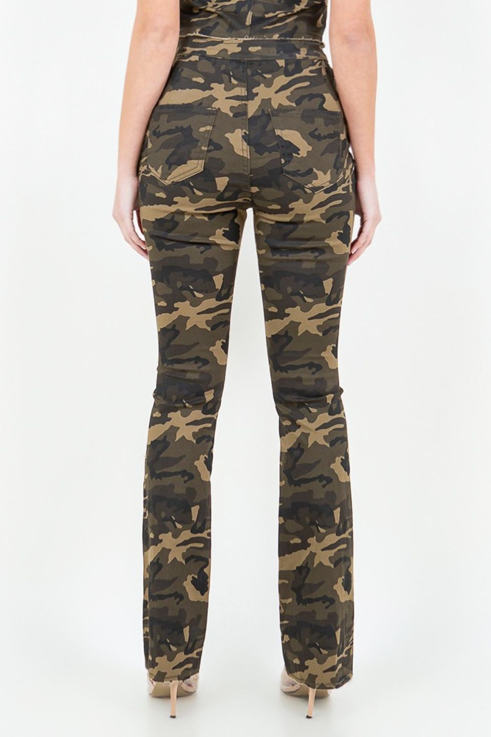 American Bazi V-Cut Ruched Camo Flare Pants - Charming Charlie