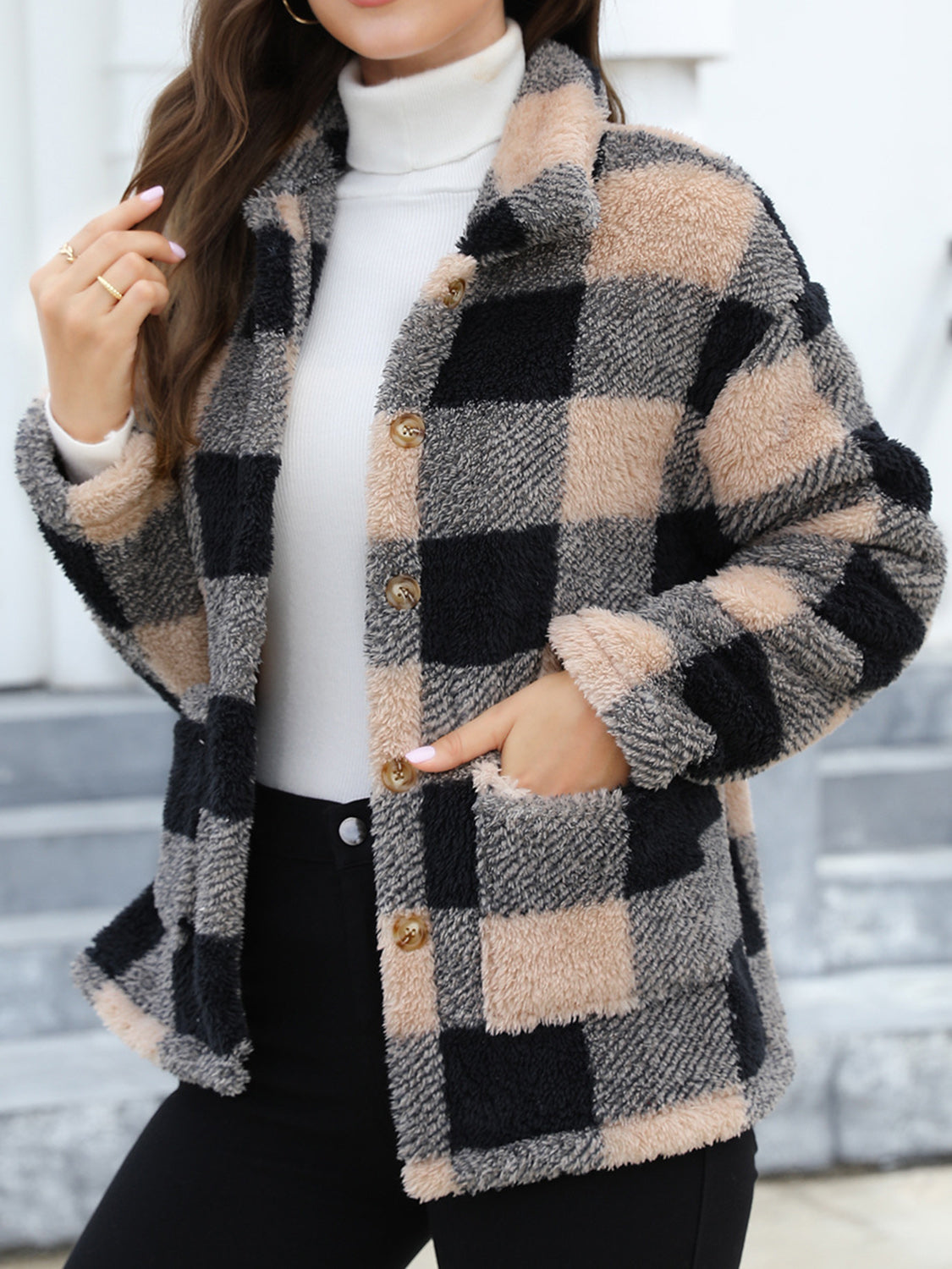 Button Up Drop Shoulder Fuzzy Jacket - Charming Charlie