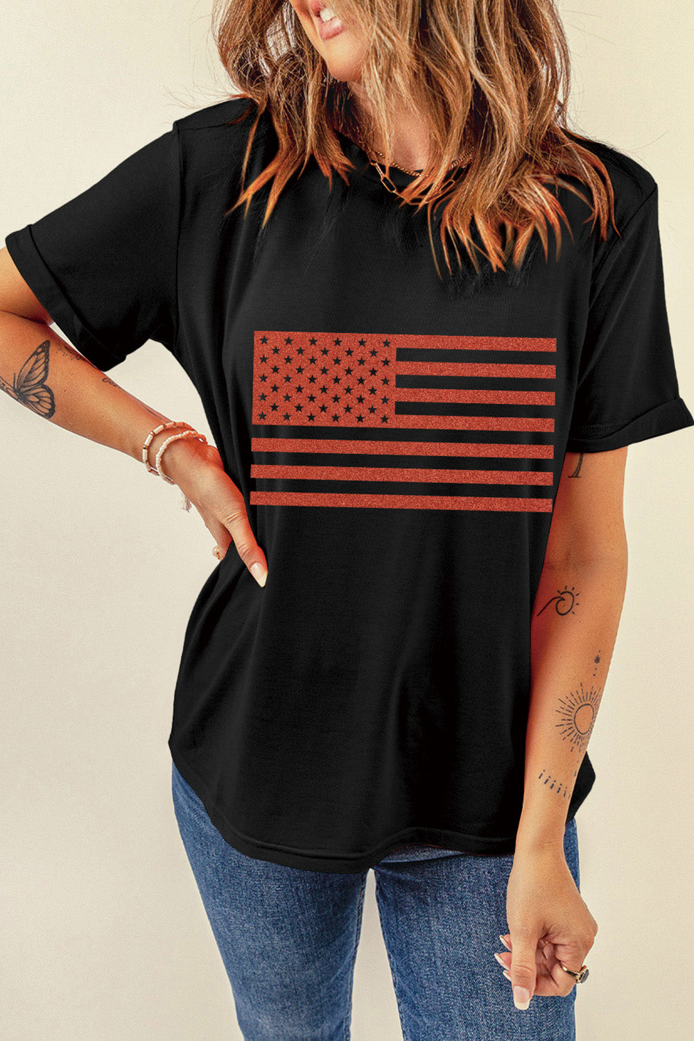 US Flag Round Neck Short Sleeve T-Shirt - Charming Charlie