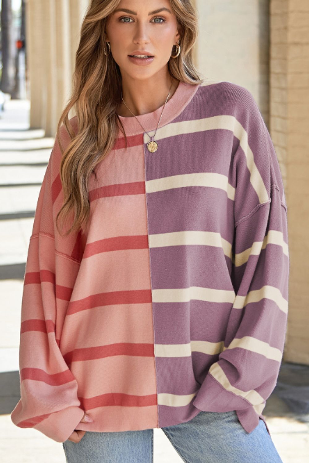 Contrast Striped Long Sleeve Sweatshirt - Charming Charlie