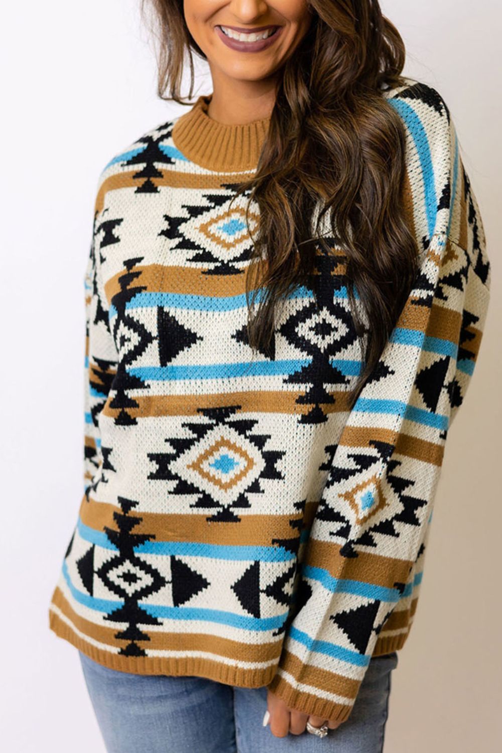 Geometric Round Neck Long Sleeve Sweater - Charming Charlie