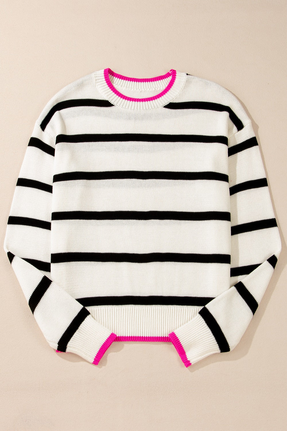 Striped Round Neck Drop Shoulder Sweater - Charming Charlie