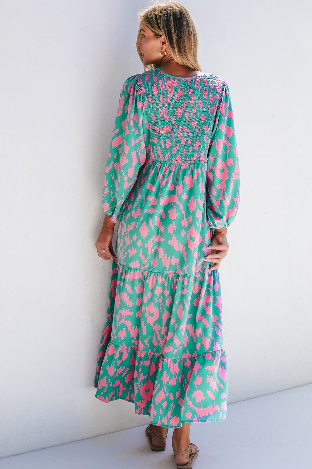 Smocked Printed Tie Neck Long Sleeve Dress - Charming Charlie