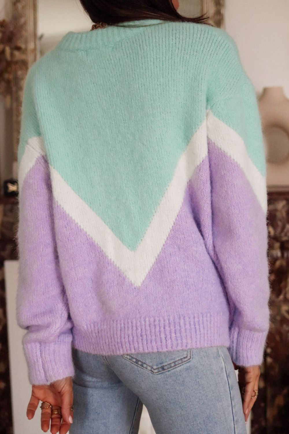 Contrast Round Neck Dropped Shoulder Sweater - Charming Charlie