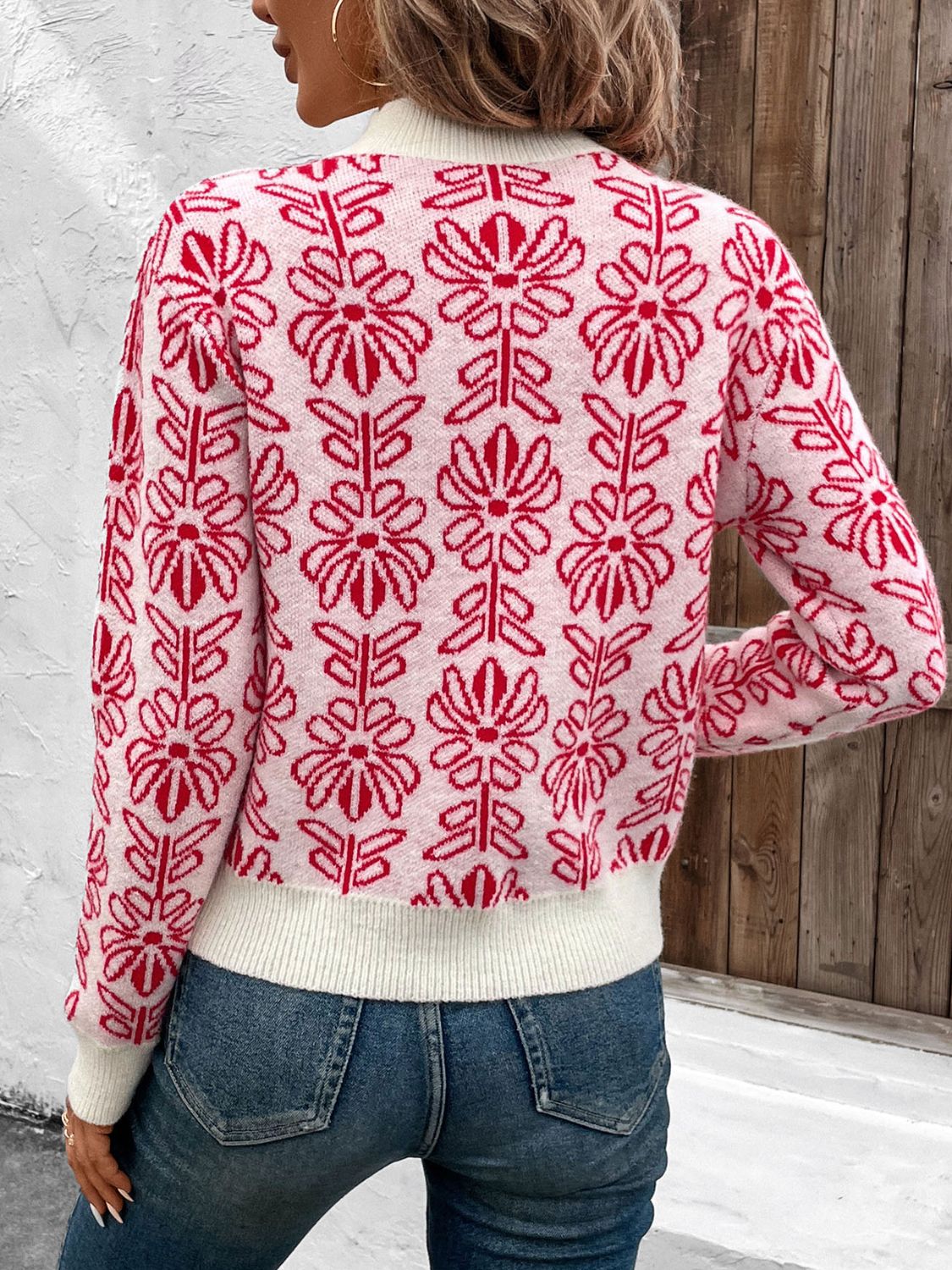 Flower Round Neck Long Sleeve Sweater - Charming Charlie