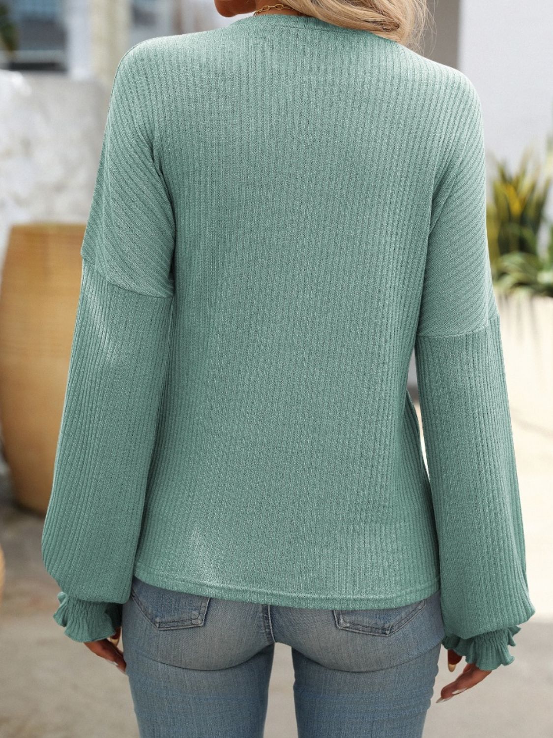 Ribbed Round Neck Long Sleeve T-Shirt - Charming Charlie