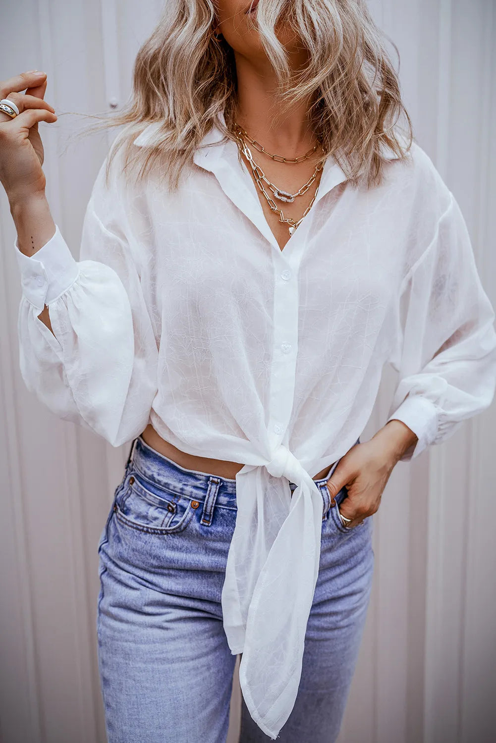 Collared Neck Long Sleeve Shirt - Charming Charlie