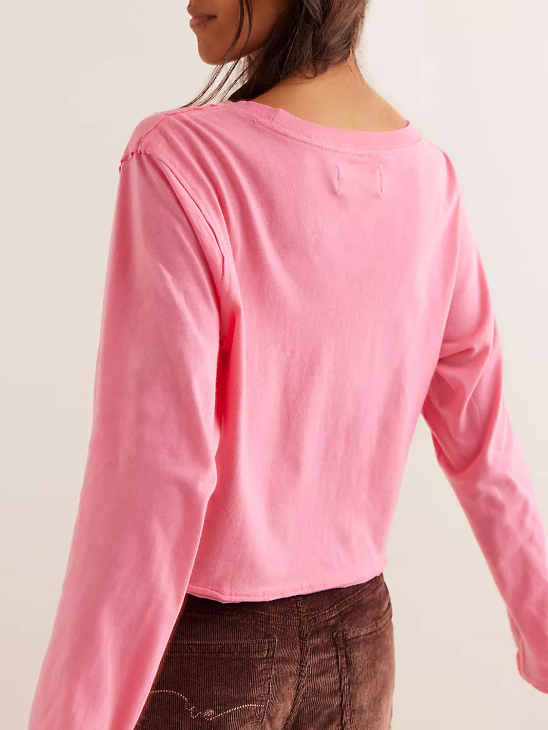 Round Neck Long Sleeve Cropped T-Shirt - Charming Charlie