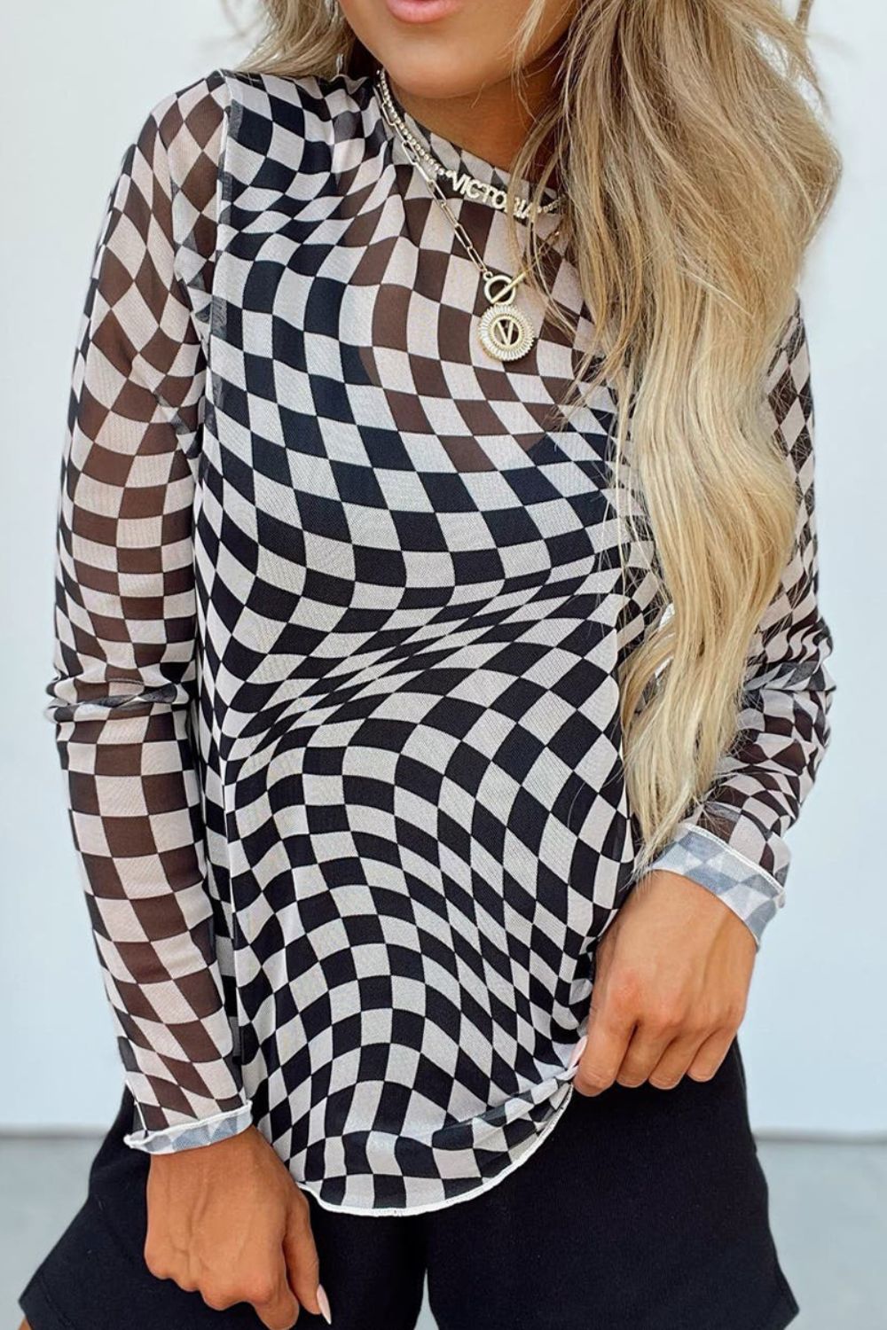 Checkered Mock Neck Long Sleeve Blouse - Charming Charlie