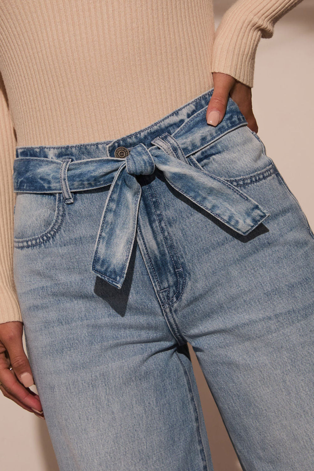 Tied Wide Leg Jeans with Pockets - Charming Charlie