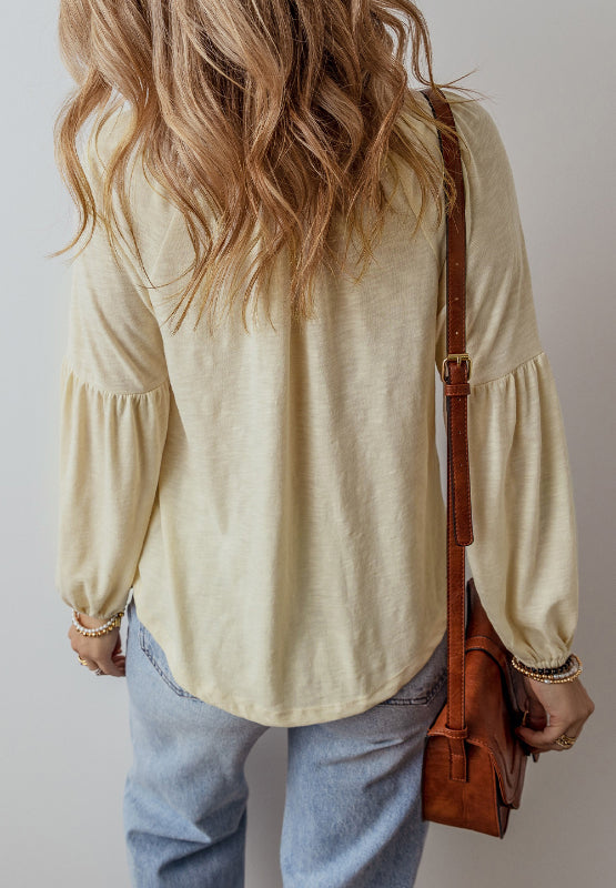 Embroidered Notched Long Sleeve Blouse - Charming Charlie